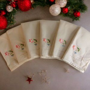 6 VINTAGE WHITE LINEN NAPKINS EMBROIDERED FLOWERS & CUTWORK